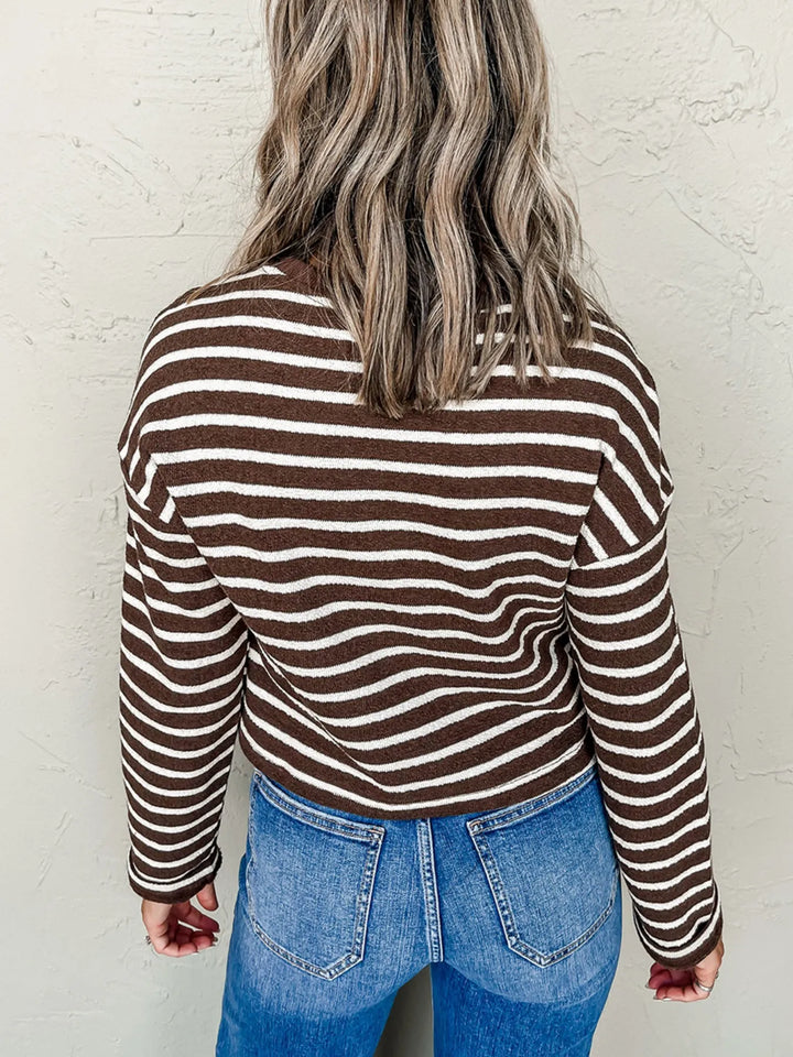 Stripe Cropped Crew Neck Long Sleeve T Shirt