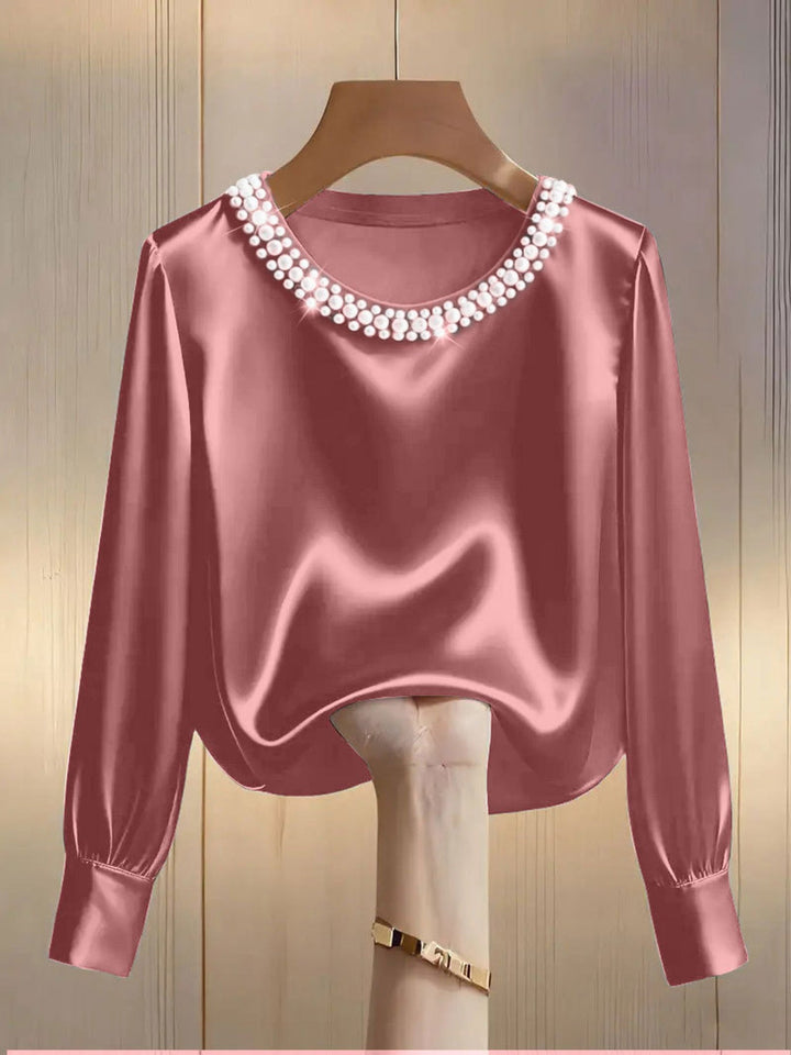 Pearl Trim Round Neck Silk Blouse