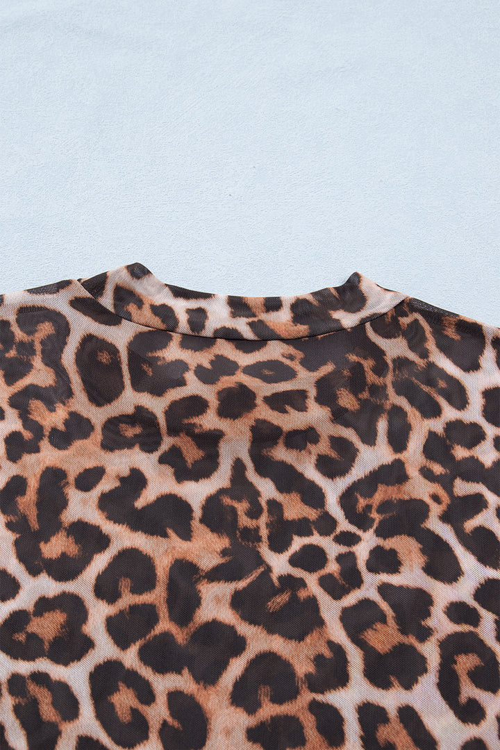Brown Plus Size Mock Neck Leopard Mesh Top