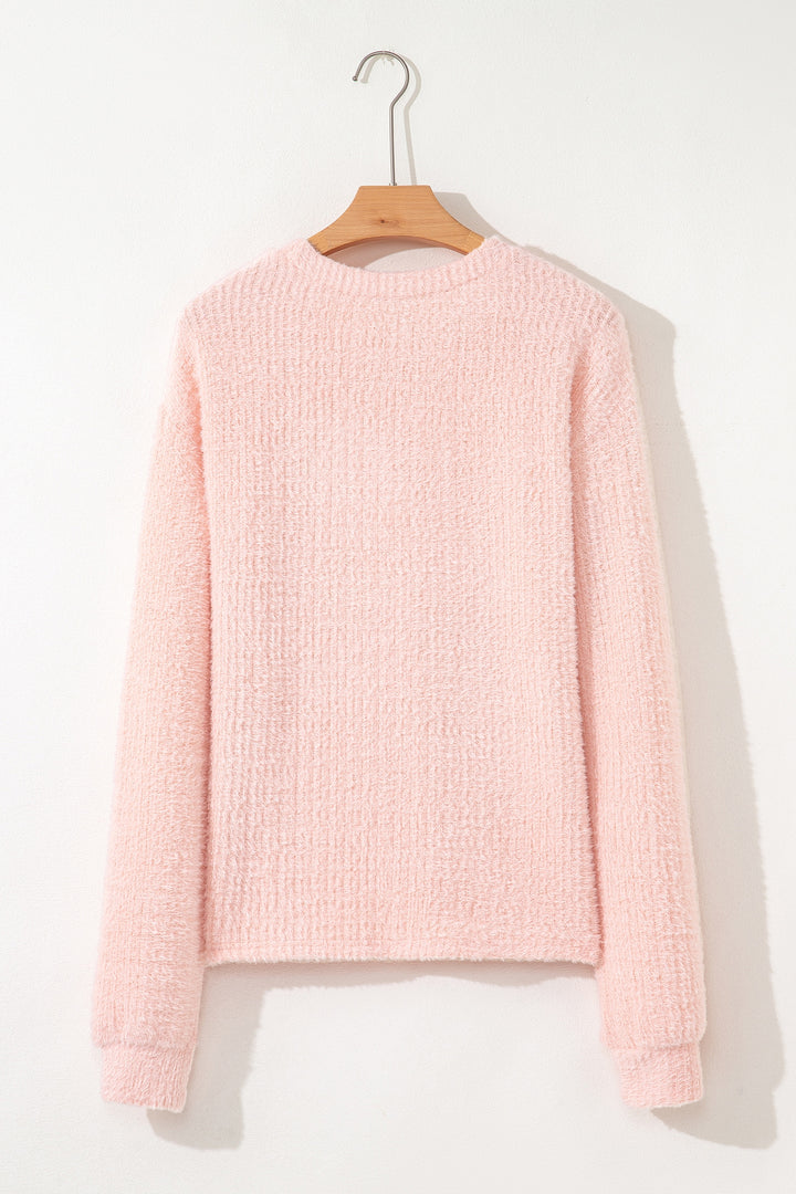 Light Pink Fuzzy Ribbed Texture Round Neck Long Sleeve Top