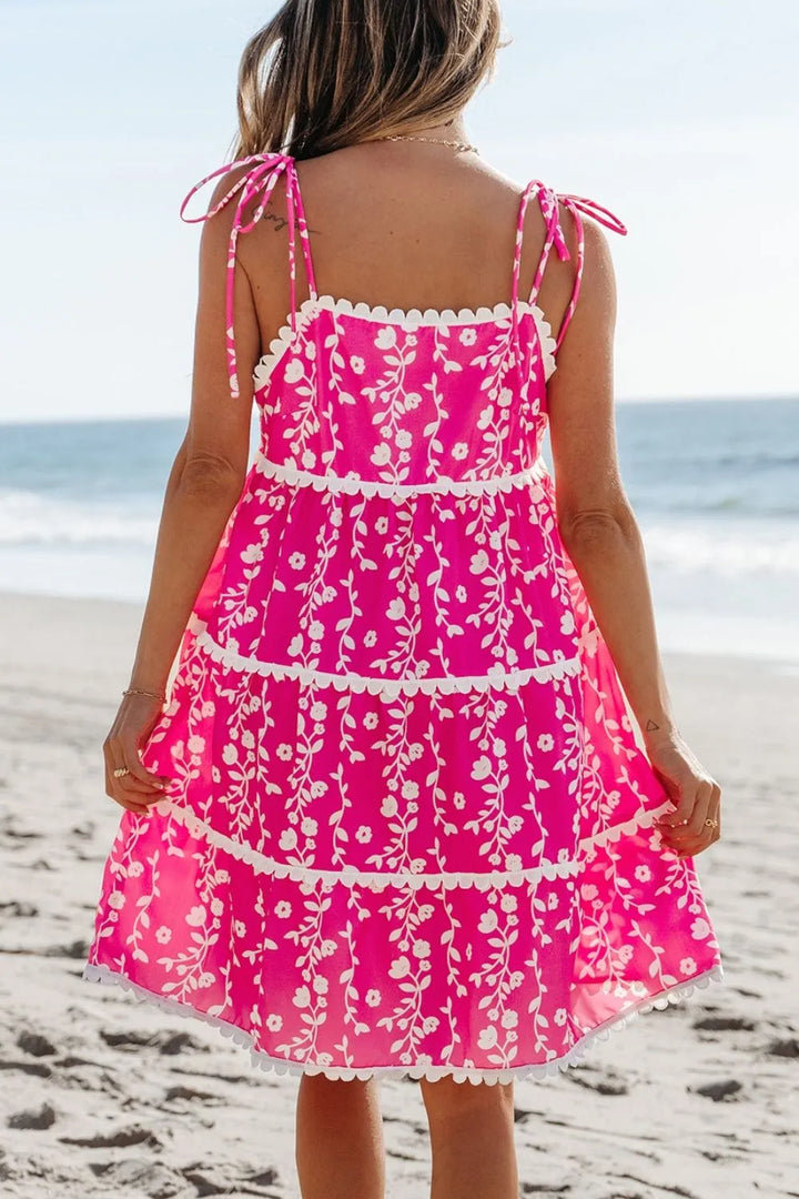 Floral Print Ric Rac Patched Sleeveless Mini Dress