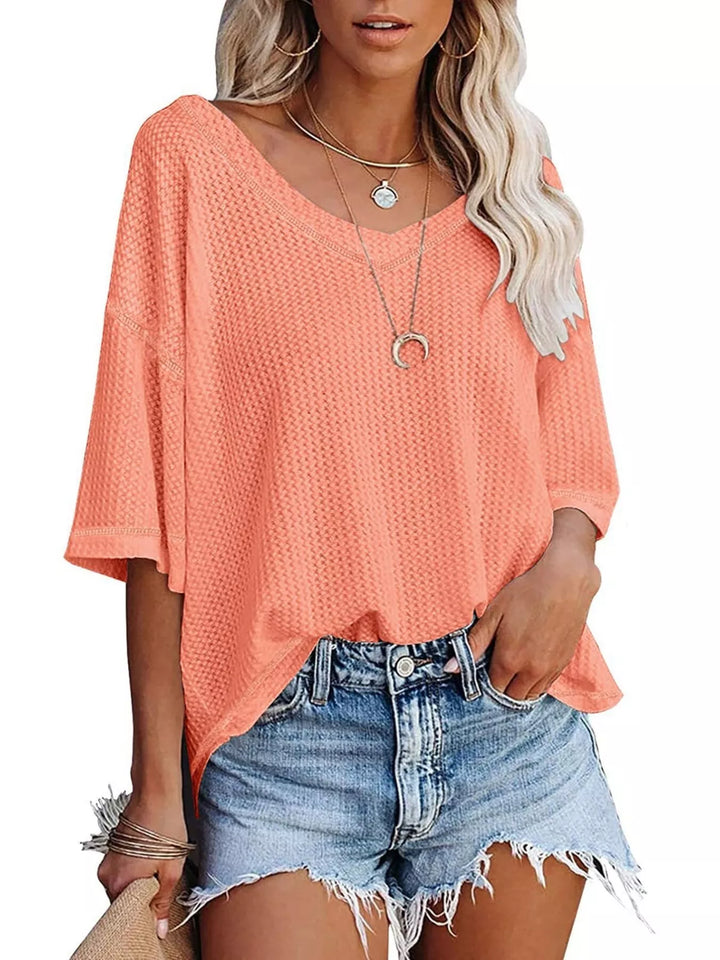 Waffle Knit V-Neck Short Sleeve T-Shirt