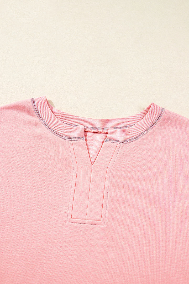 Apricot Pink Exposed Seam Color Block Patchwork Slit Cuffs Oversize Sweatshirt