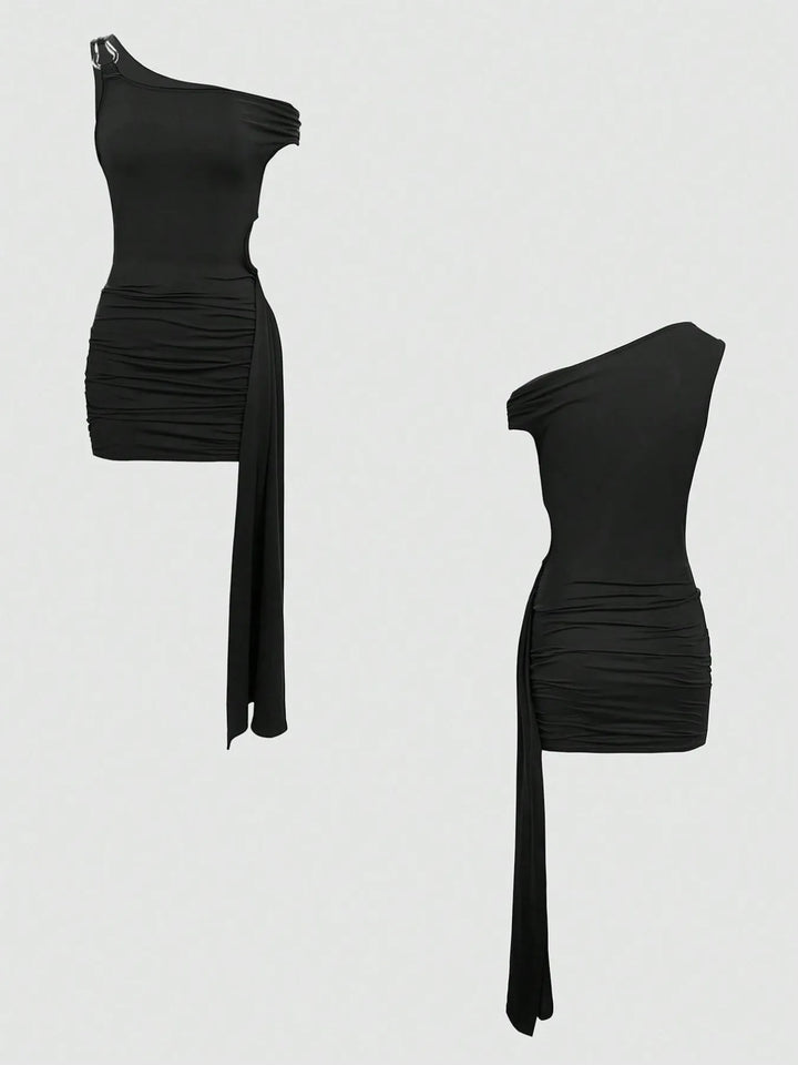 Cutout Asymmetrical Shoulder Mini Dress