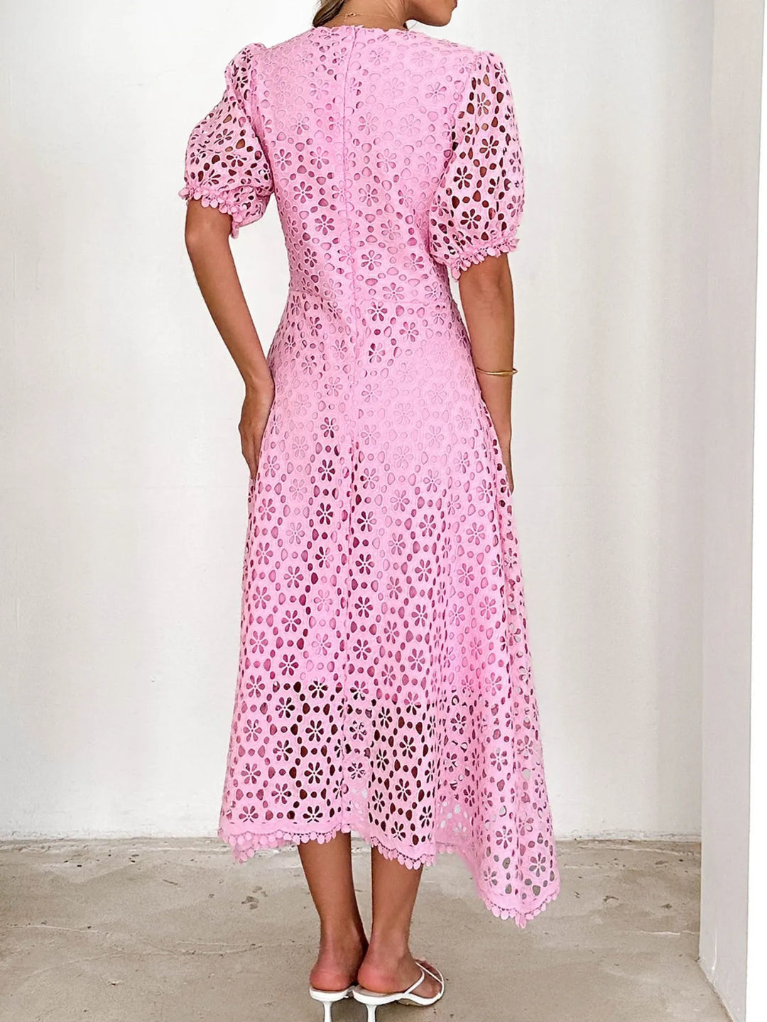 Eyelet Lace V-Neck Midi Dress with Puff Sleeves