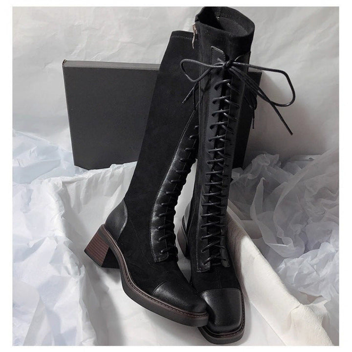 Stitched Round-toe Lace-up High-top Womens Boots