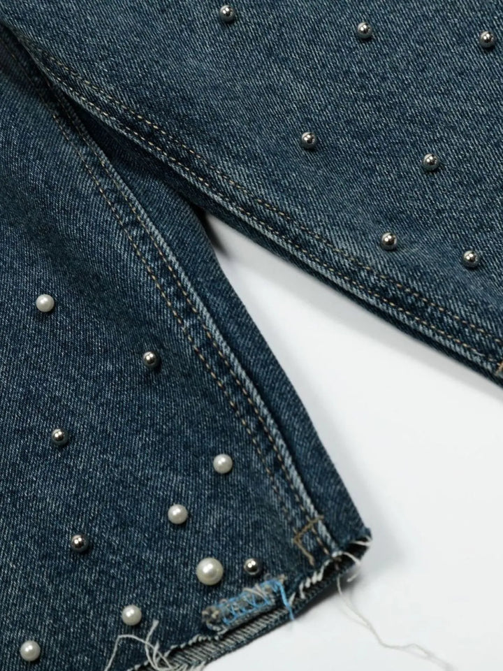 Men's Pearl Embellished Wide Leg Denim Shorts