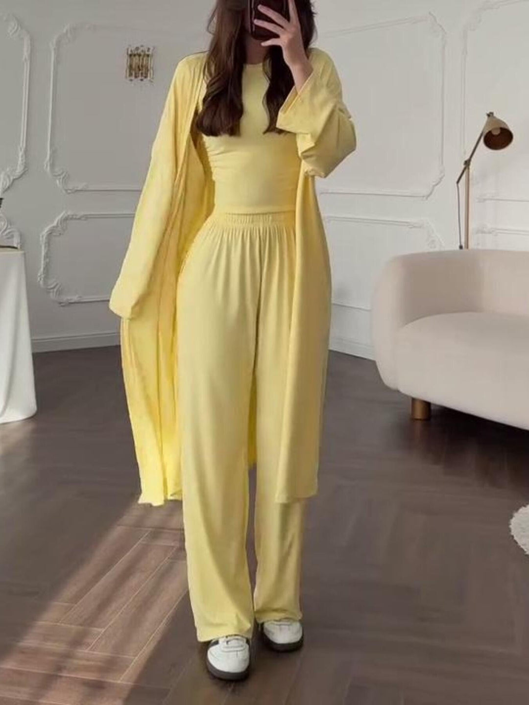 Full Size Round Neck Top and Wide Leg Pants Set Plus Size