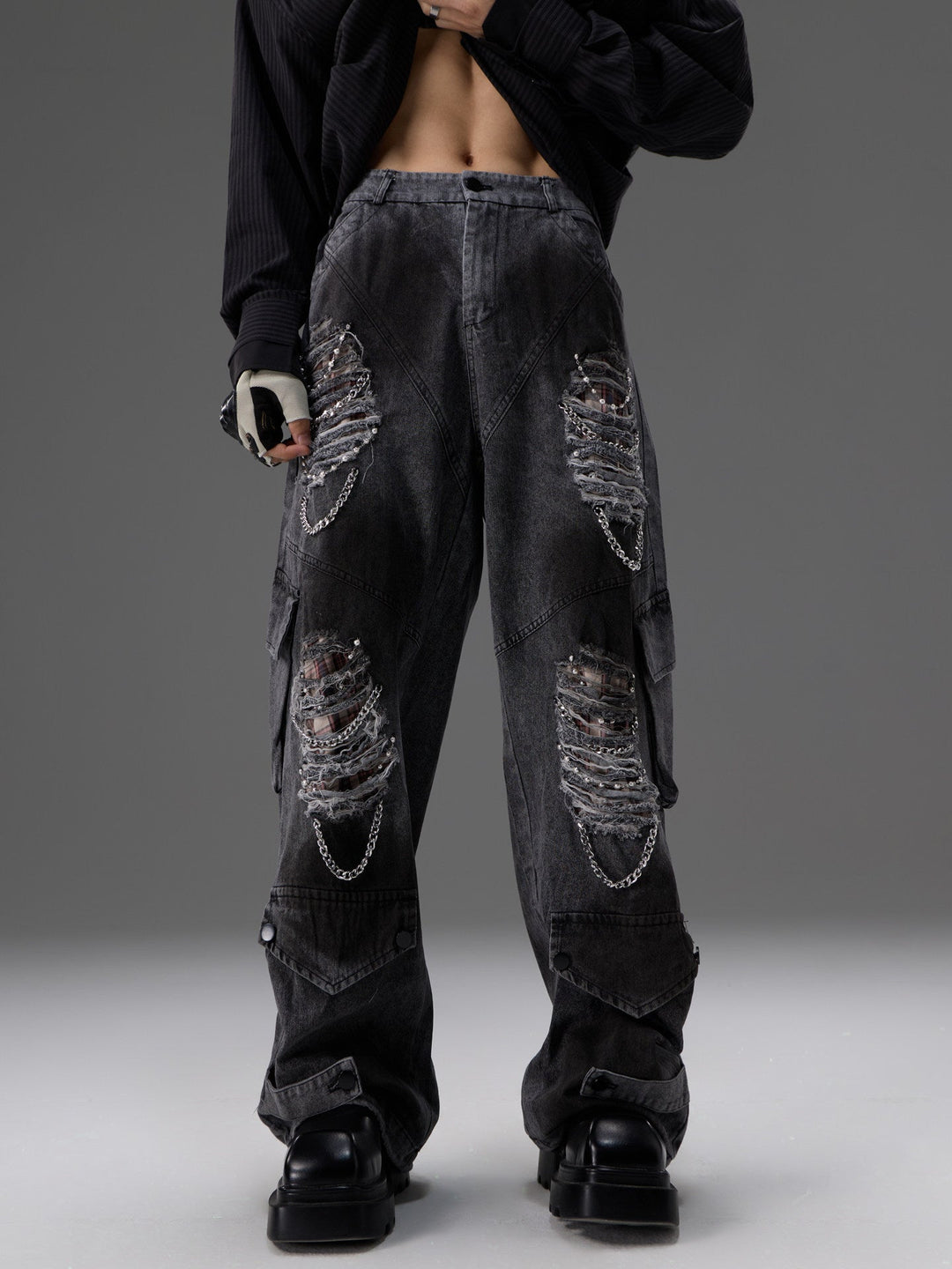 Retro Distressed Denim Jeans With Pearl And Metal Hardware Work Pants