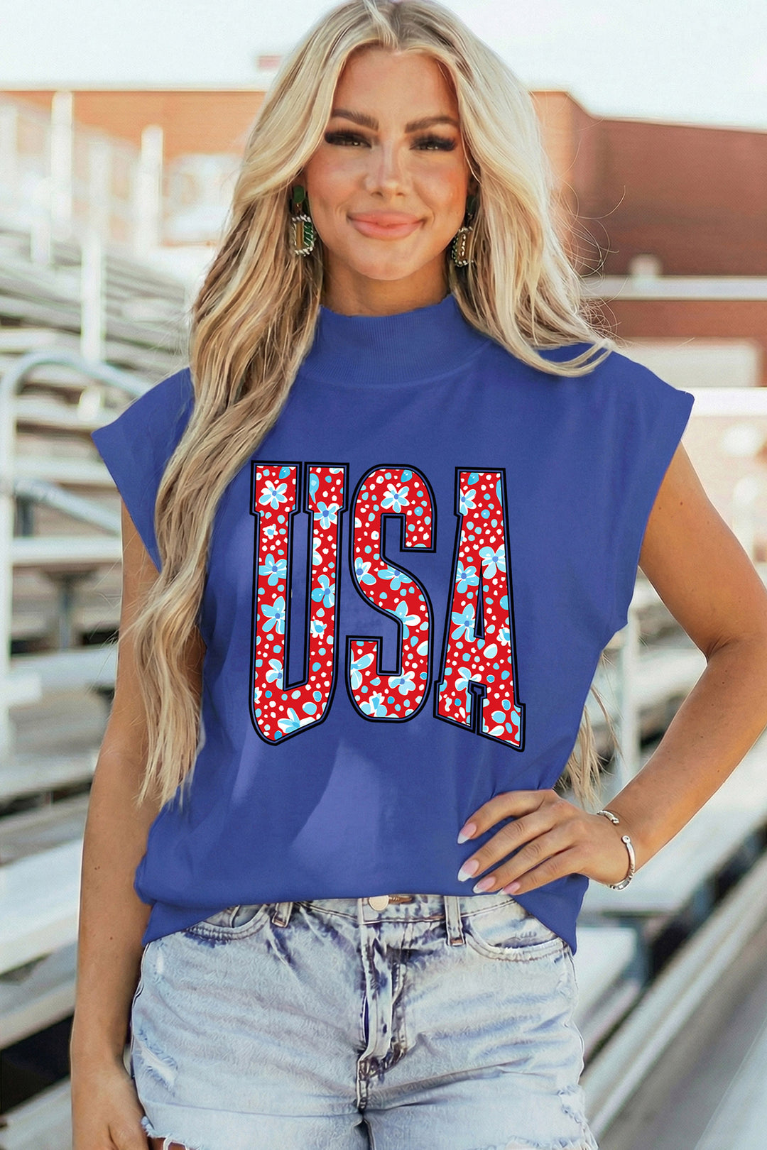 Sky Blue USA Floral Lettering Print High Neck Short Sleeve Top