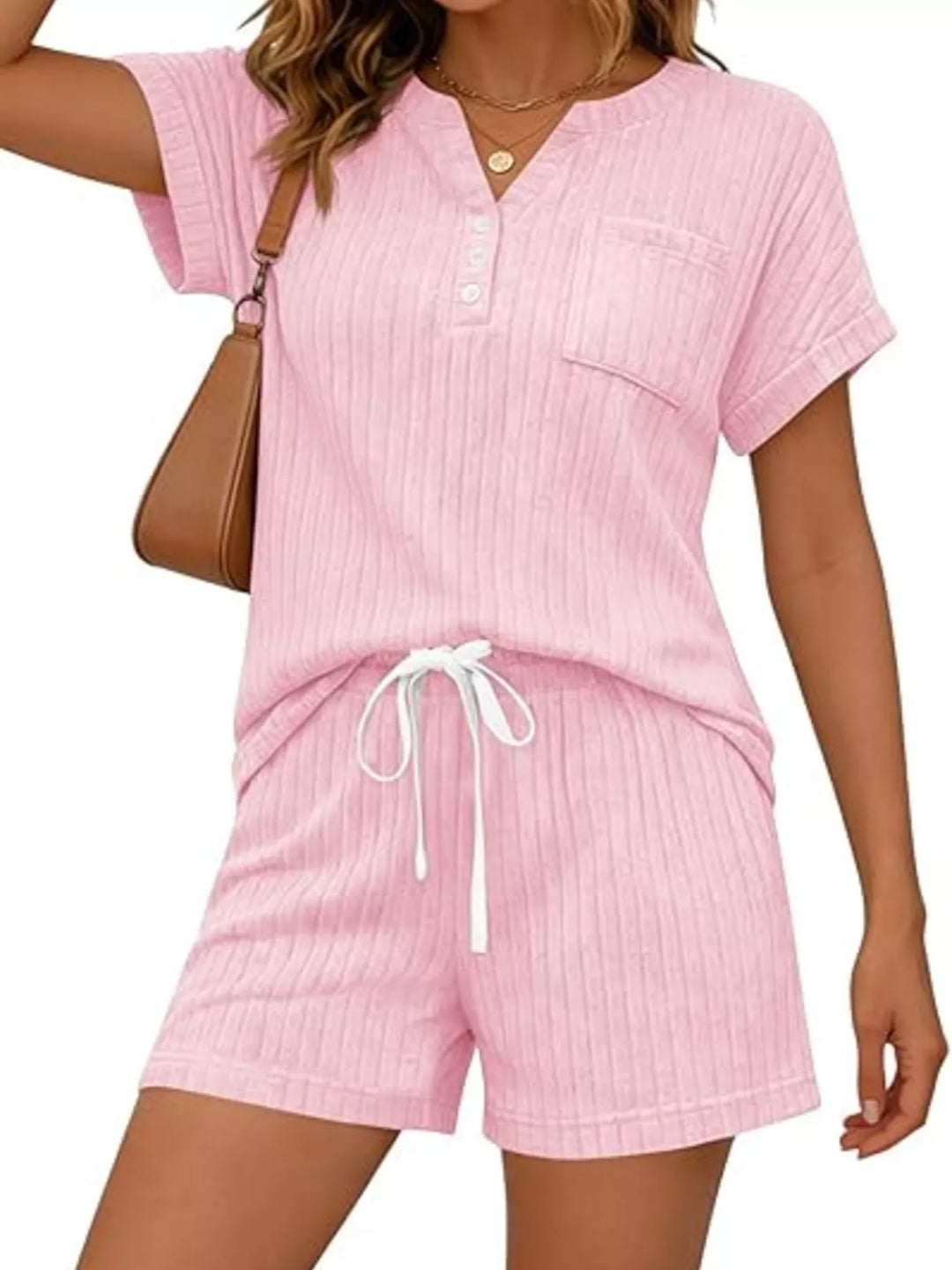Casual Ribbed Knit Tee and Shorts Set