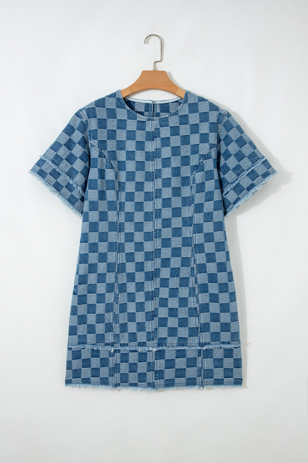 Sky Blue Frayed Hem Checkered Denim Mini Dress