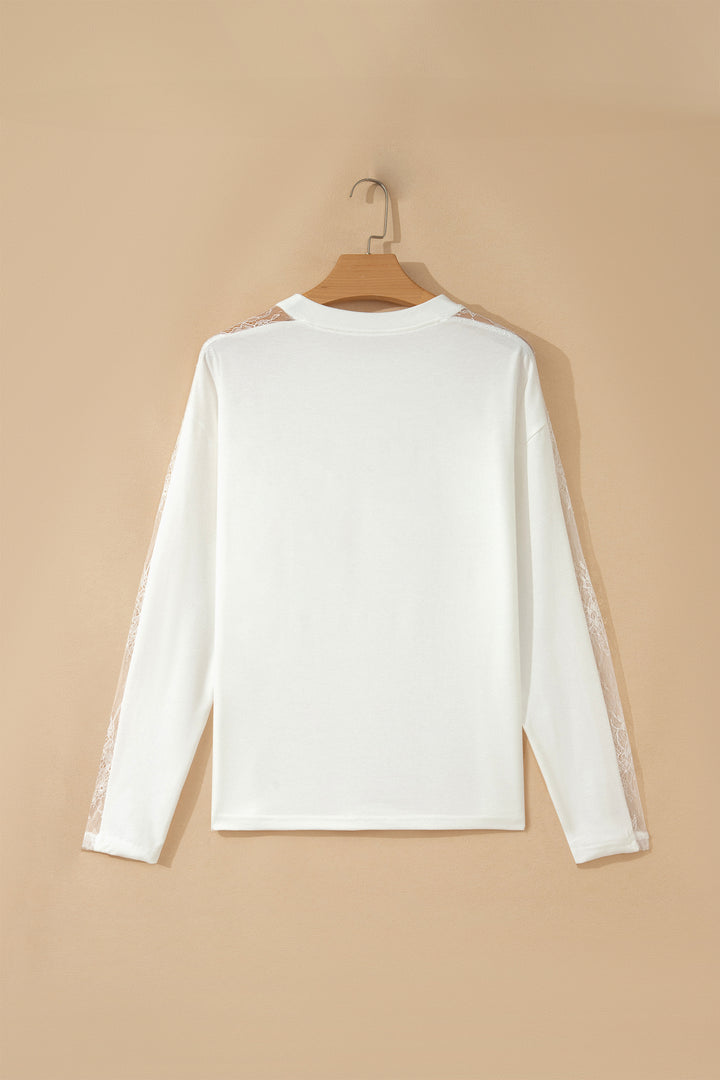 White Lace Patchwork Round Neck Casual Long Sleeve Top