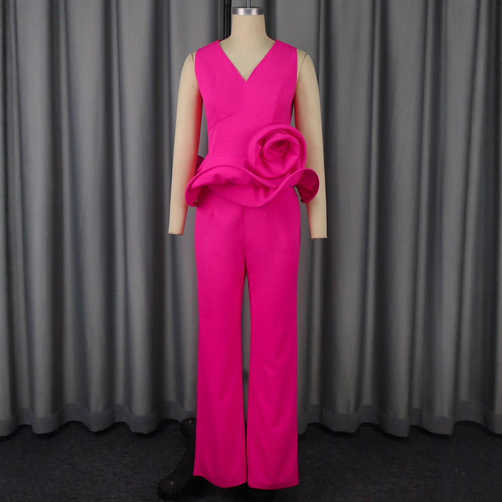 Three-dimensional Flower V-neck Sleeveless Top High Waist Fashion Straight-leg Pants