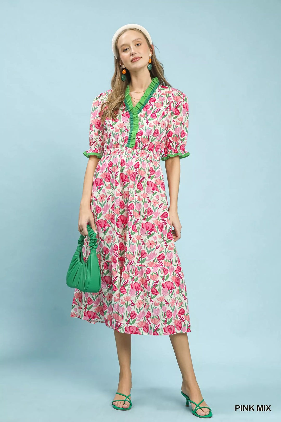 Umgee Floral Ruffle Trim Tiered Midi Dress