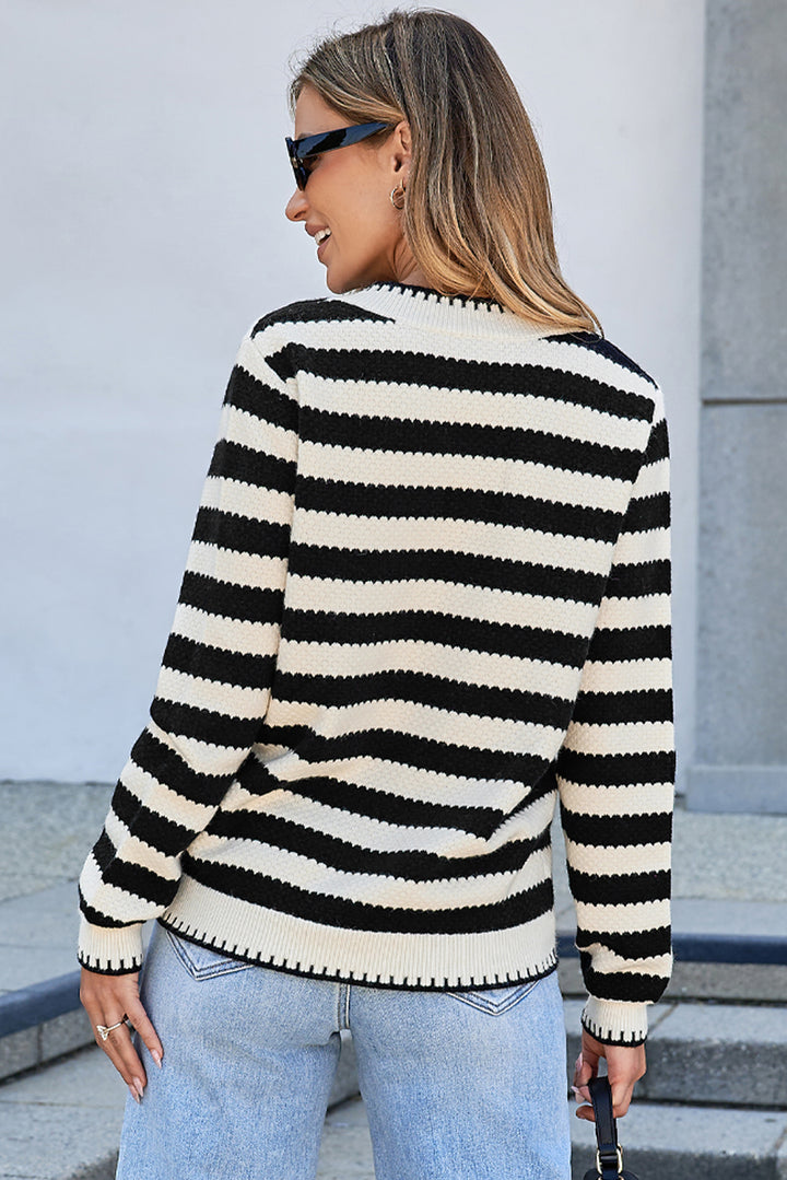 Black Stripe Chic Golden Button Cardigan Sweater
