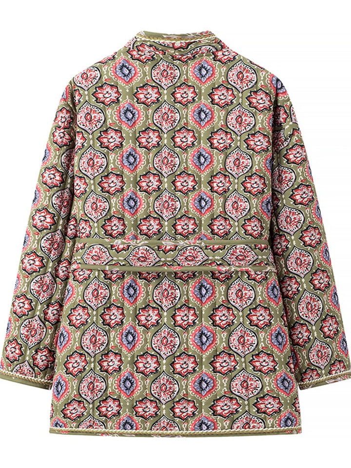 Belted Open Front Floral Winter Coat