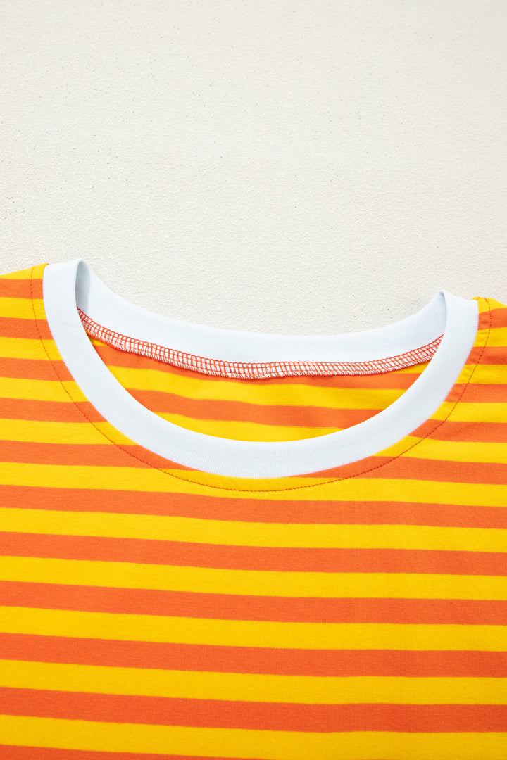 Orange Stripe Contrast Crew Neck Drop Shoulder Loose Tee
