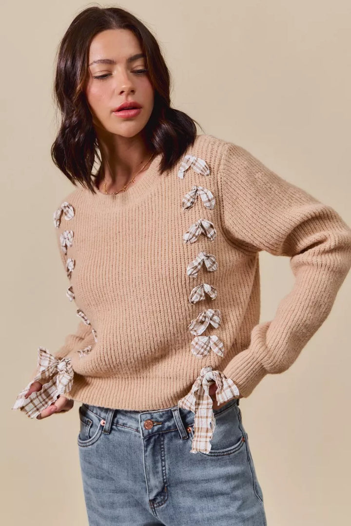 SO ME Checkered Plaid Tape Lace Up Ribbed Sweater