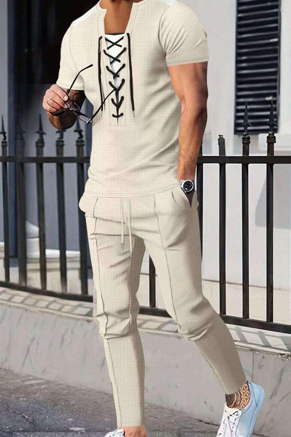 Men's Full Size Lace-Up Front Top and Pants Casual Set Plus Size