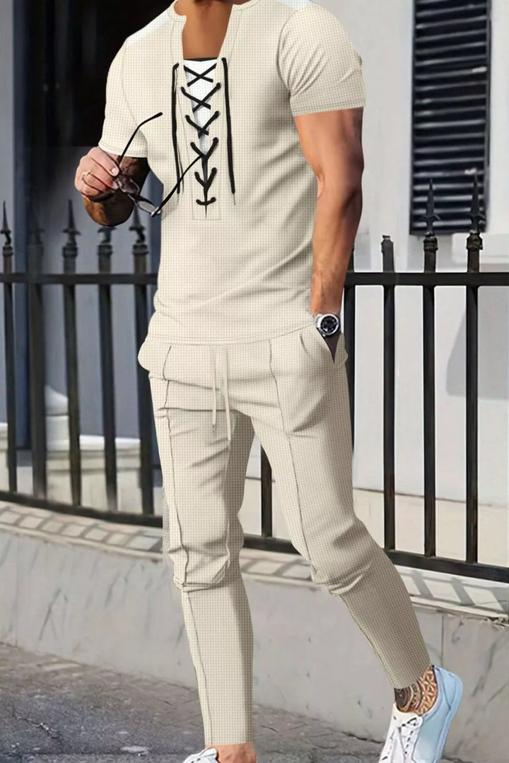 Men's Full Size Lace-Up Front Top and Pants Casual Set Plus Size