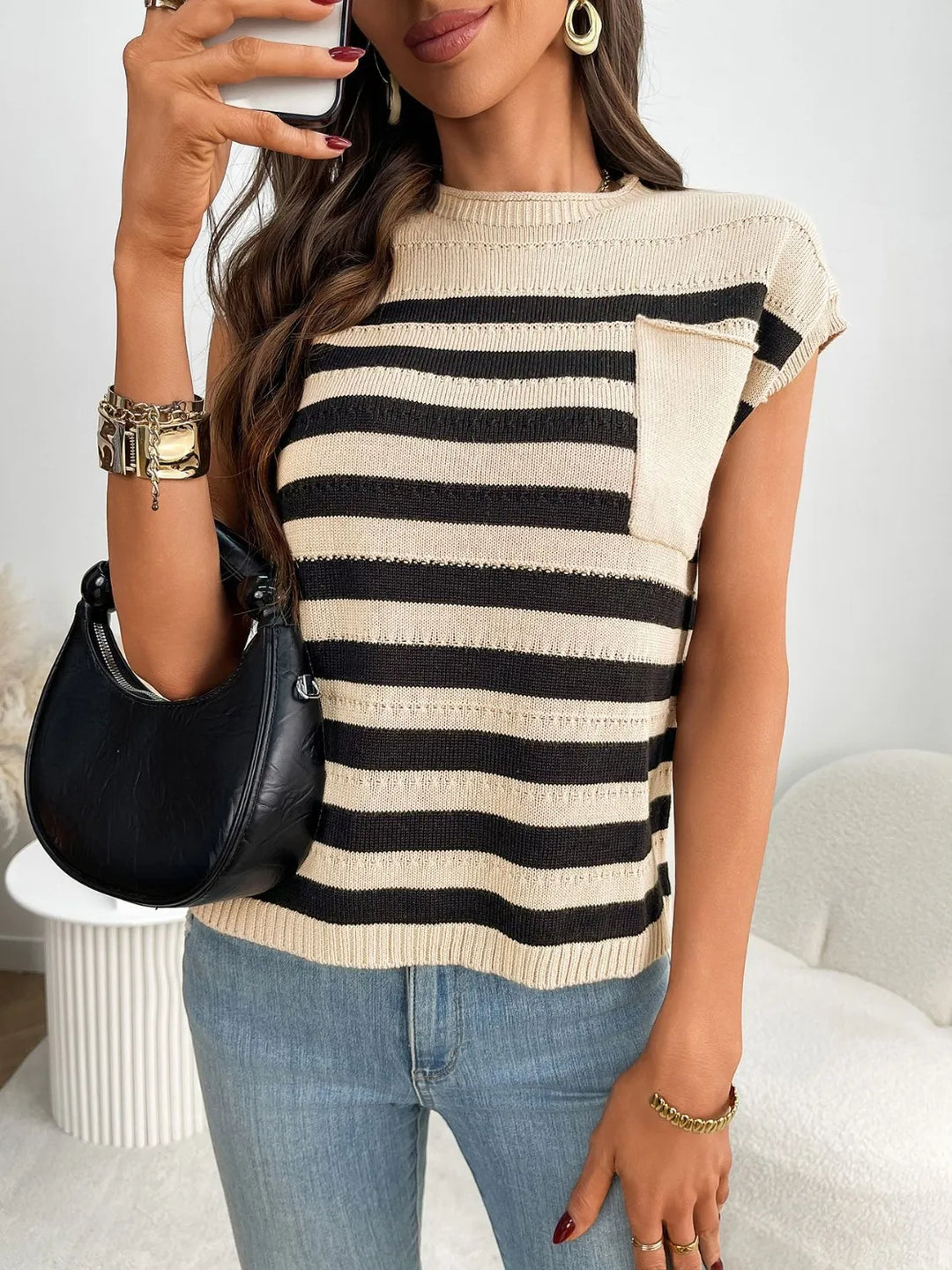 Striped Mock Neck Cap Sleeve Knit Top