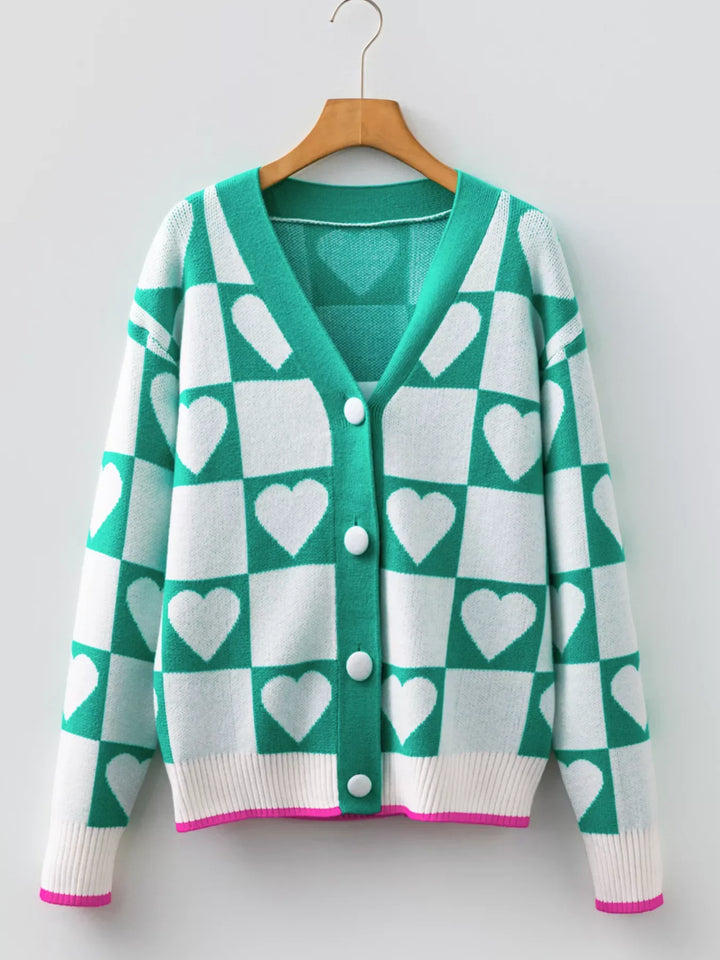 Plaid Heart Knit V Neck Button Down Sweater Cardigan