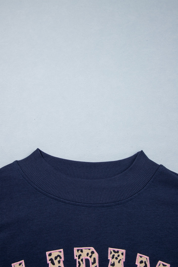Dirty blue Embroidered Leopard Alabama High Neck Long Sleeve Tunic Sweatshirt