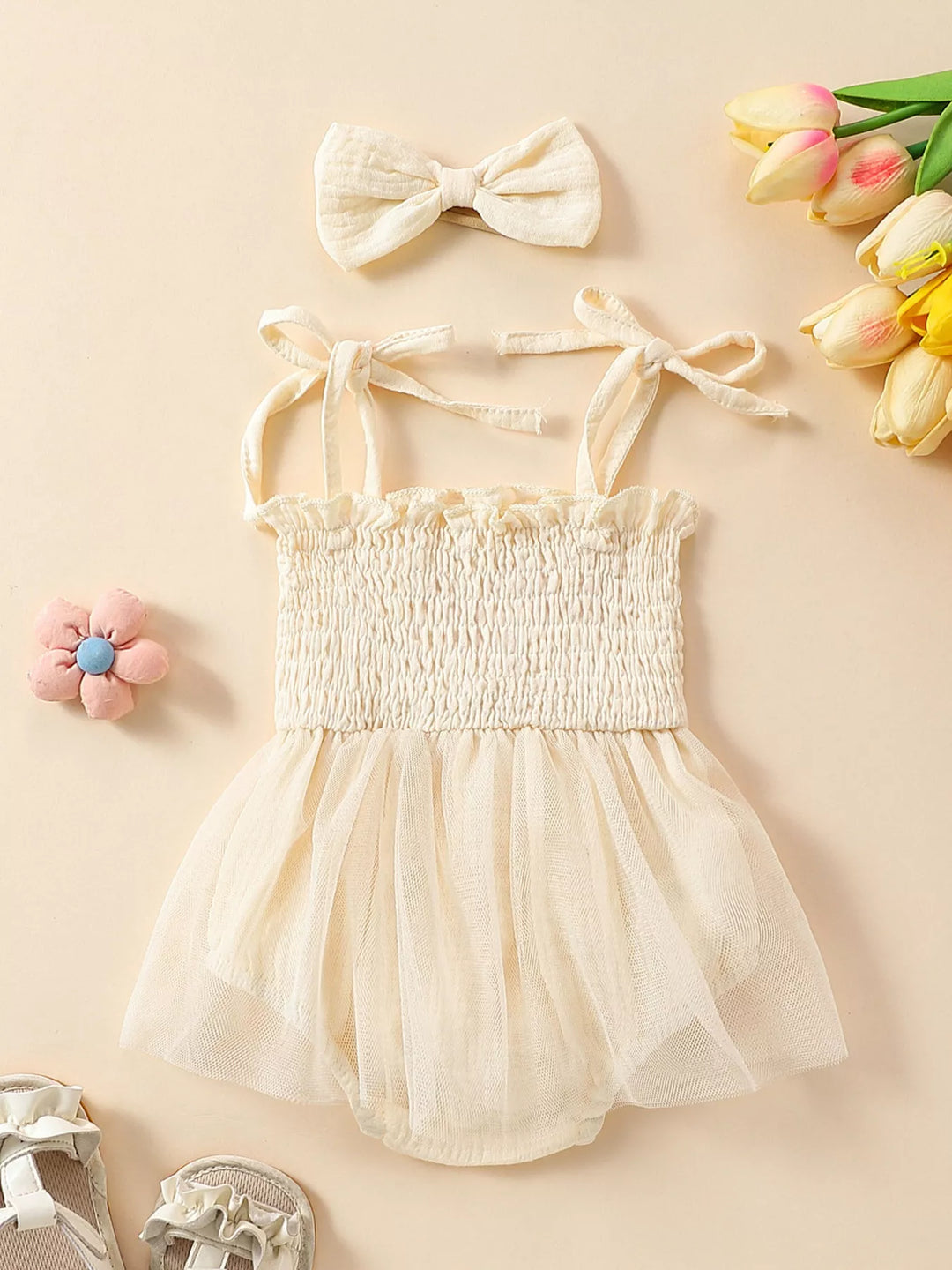 Children's Smocked Tie Shoulder Bodysuit & Headband Set