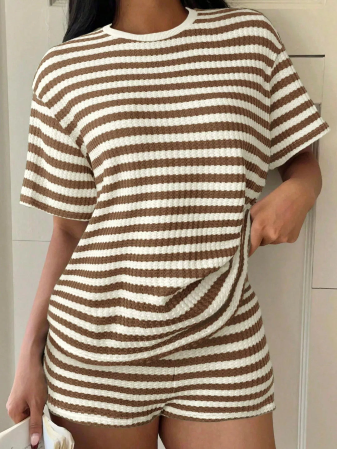 Striped Round Neck Top and Shorts Set
