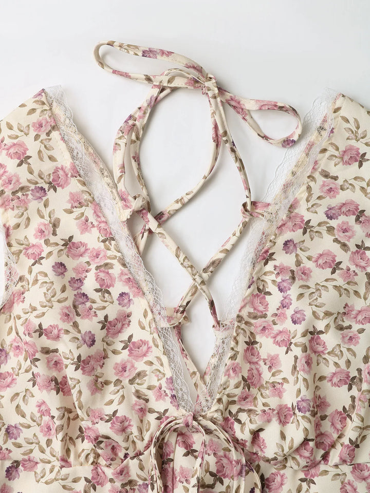 Floral Print Lace Trim Tie Front Dress