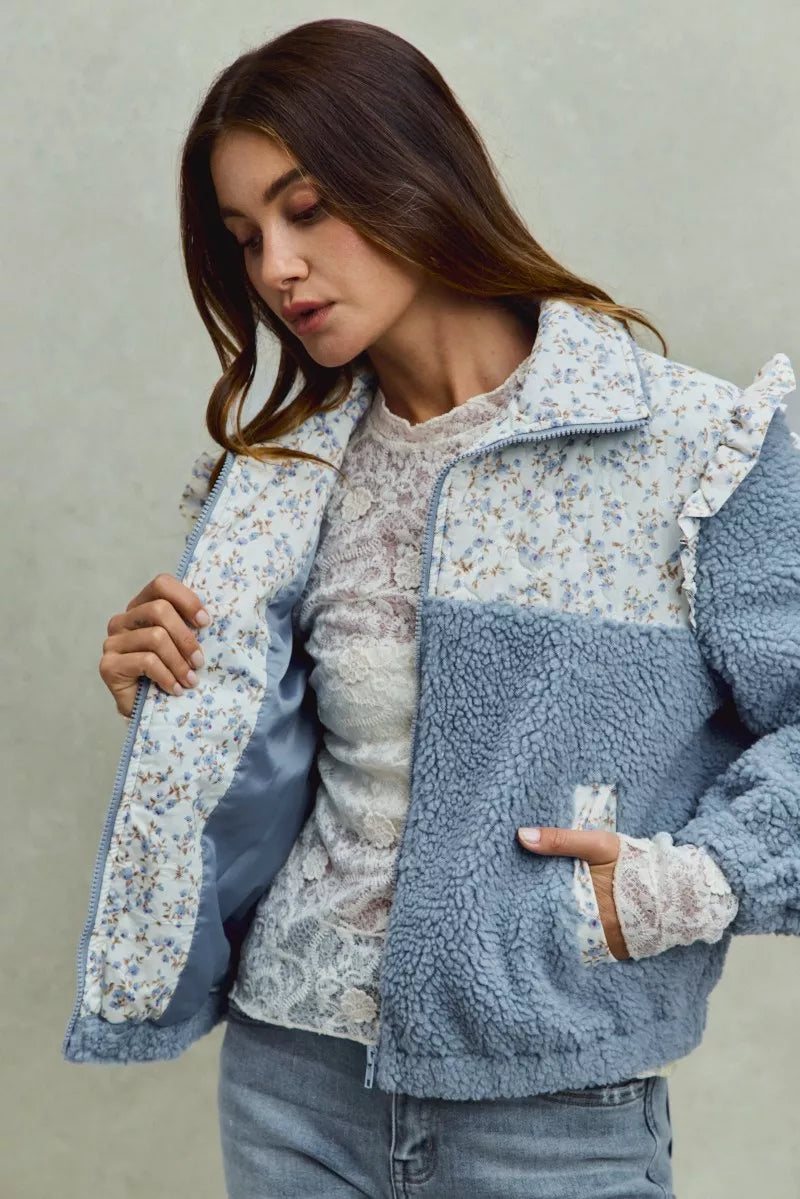SO ME Faux Fur Sherpa Pull Jacket with Floral Contrast
