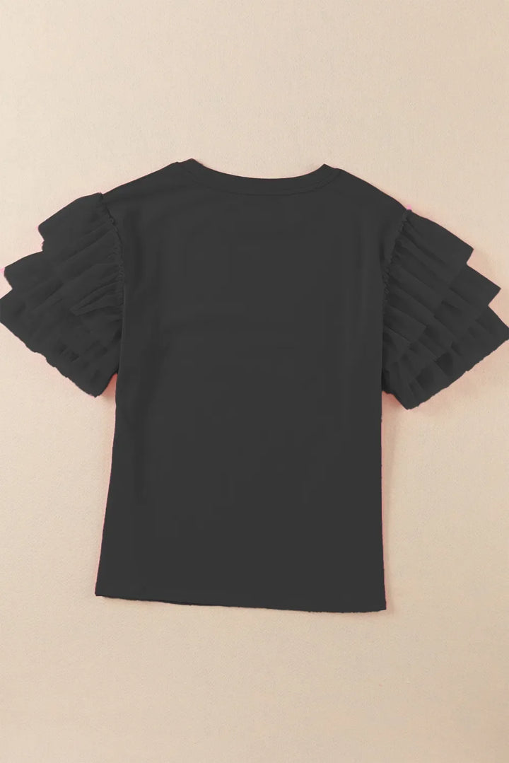 Ruffled Round Neck Short Sleeve Blouse