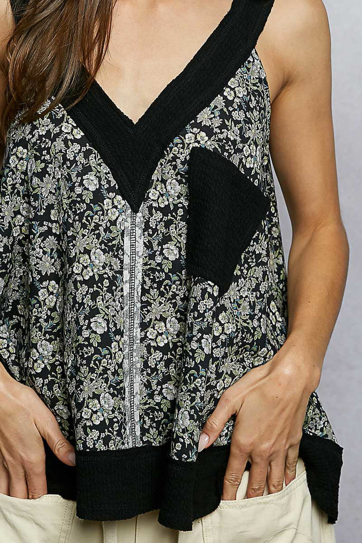 POL Floral V-Neck Tank with Front Pocket