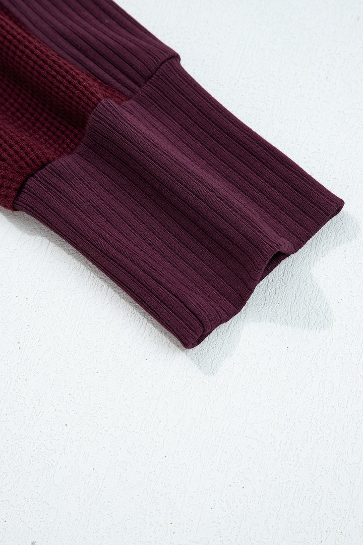 Burgundy Waffle Splicing Zip Up Front Button Hooded Jacket
