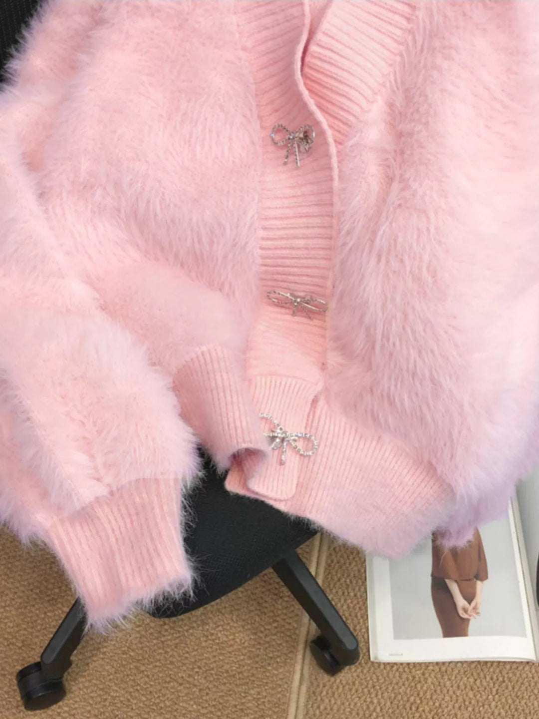 Fuzzy Bow Button Up Cardigan