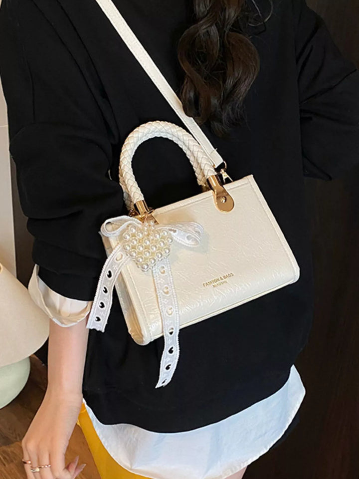 Braided Handle Pearl Decor Crossbody Bag