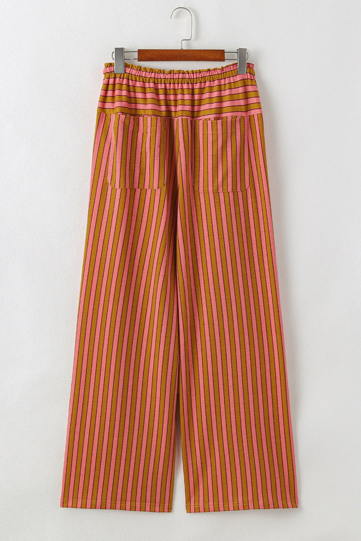Stripe Button Pocket Tie Waist Casual Wide Leg Pants