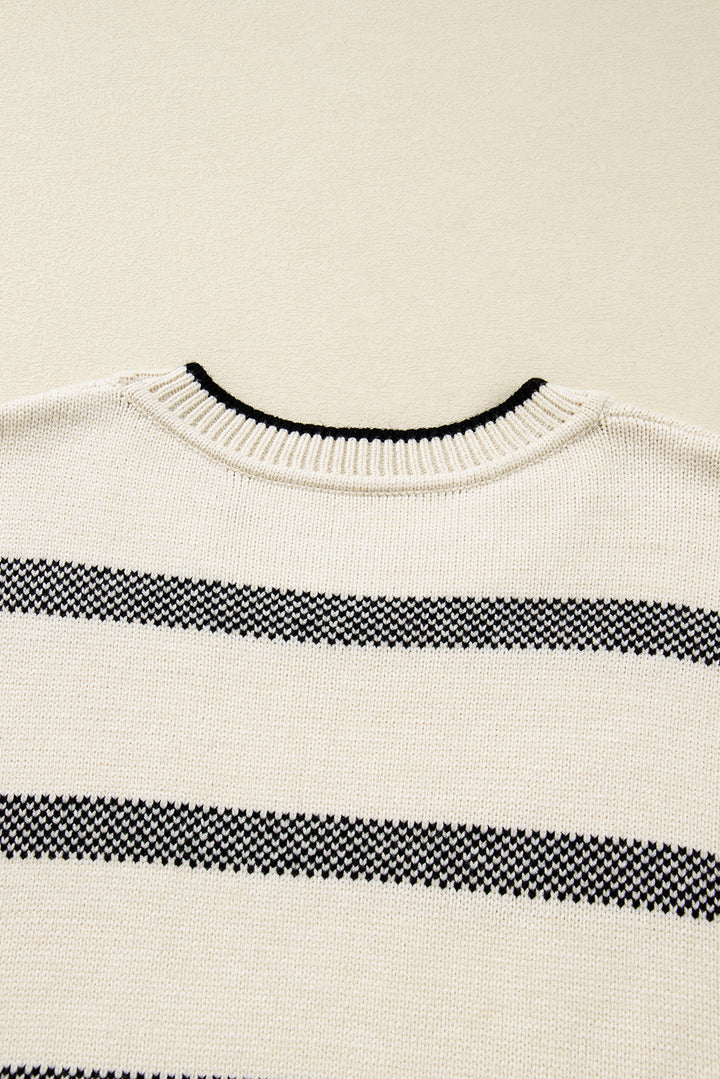 Apricot Stripe Wide Sleeve Drop Shoulder Crew Neck Plus Sweater