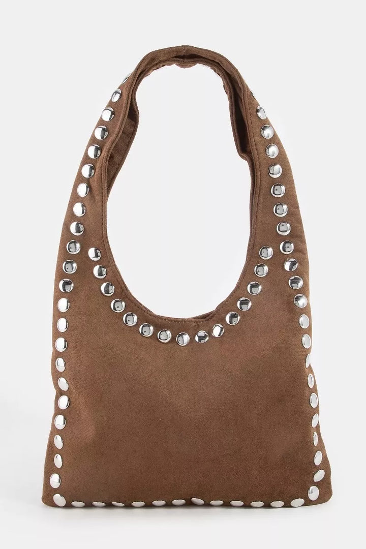 Fame Grommet Border Studded Suede Shoulder Bag