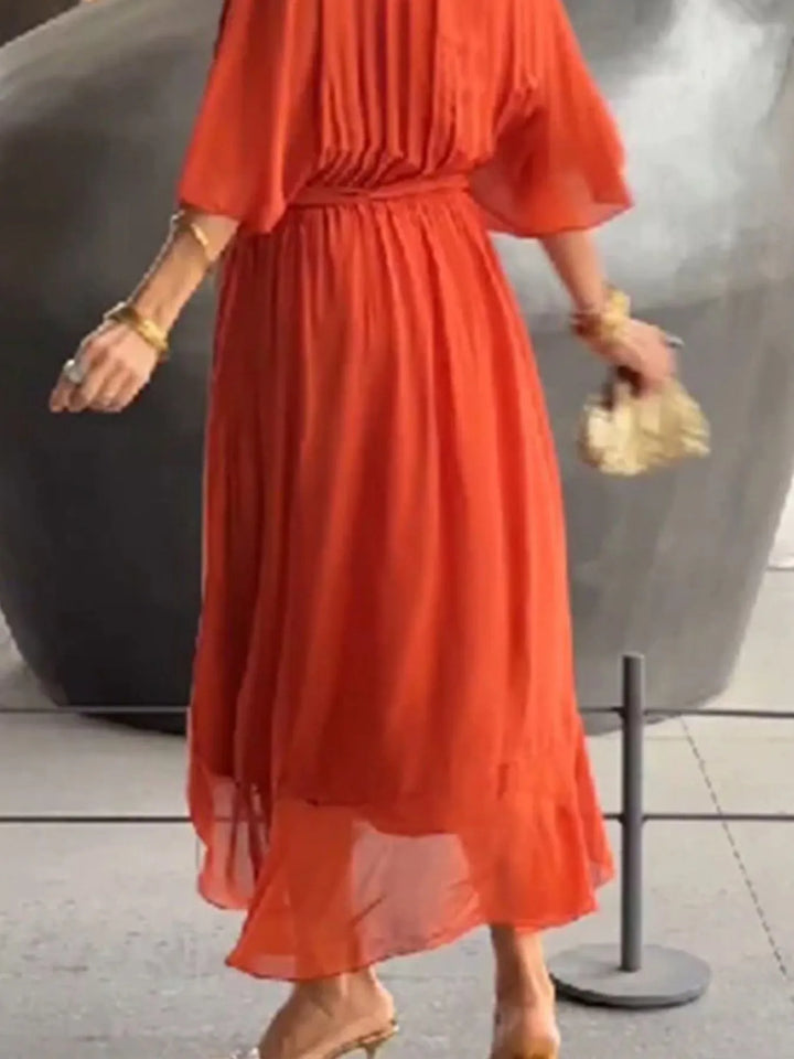 Full Size Flowy Tie Front Midi Dress with Flutter Sleeves Plus Size