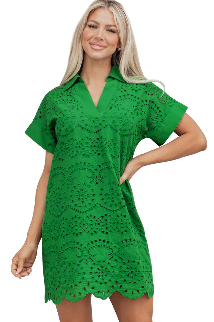 Green Solid Color Eyelet Embroidered T Shirt Mini Dress