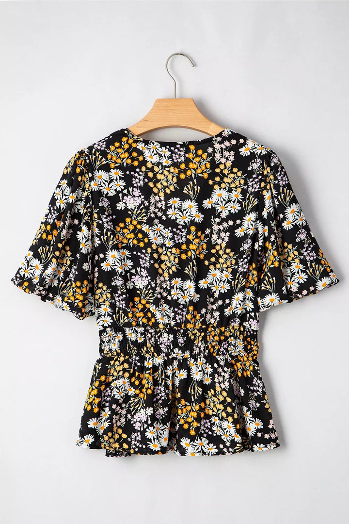 Floral Print V Neck Smocked Babydoll Blouse