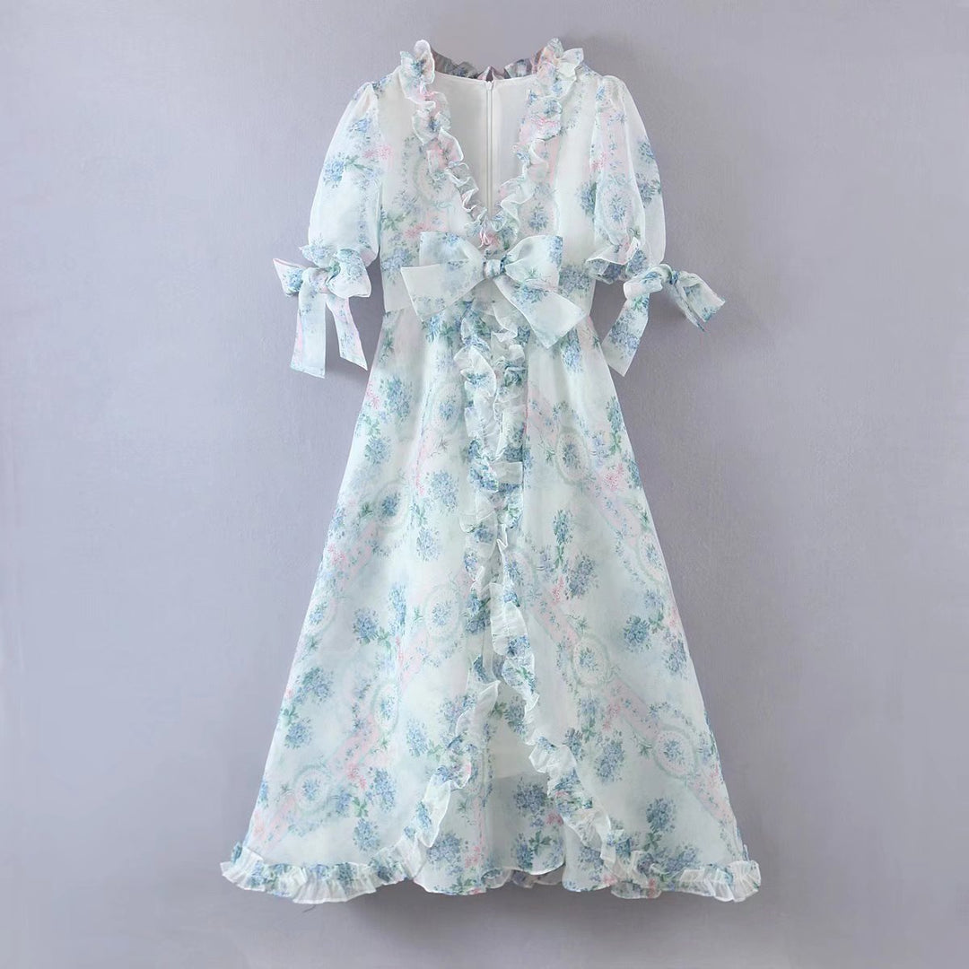 Floral Print Dress Bubble Sleeve Retro Princess Dress Spring Summer Wooden Ear Large Swing Women Dress Sheer