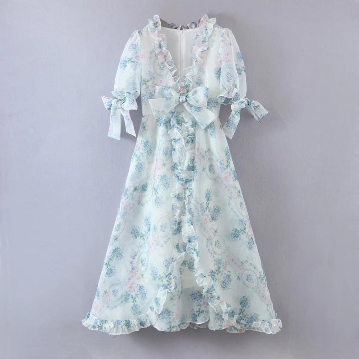 Floral Print Dress Bubble Sleeve Retro Princess Dress Spring Summer Wooden Ear Large Swing Women Dress Sheer