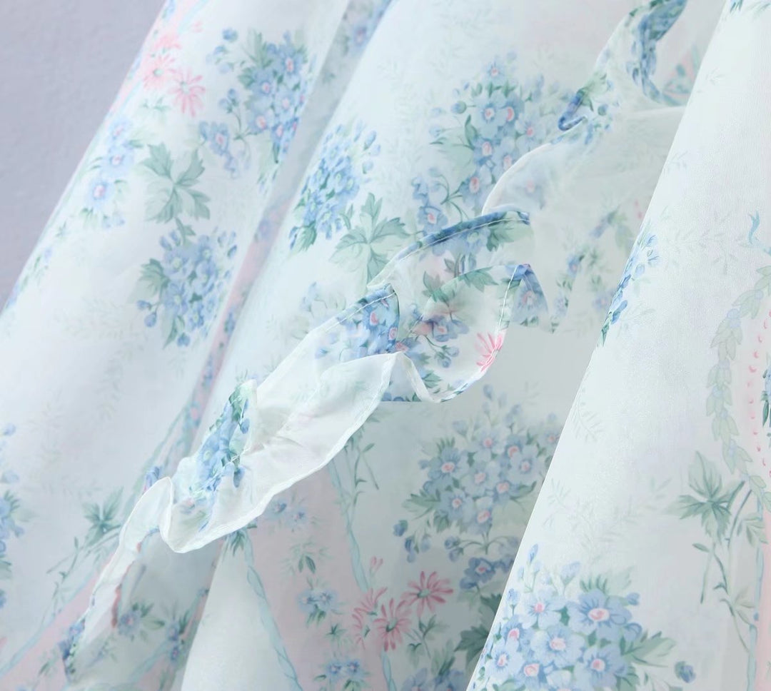 Floral Print Dress Bubble Sleeve Retro Princess Dress Spring Summer Wooden Ear Large Swing Women Dress Sheer