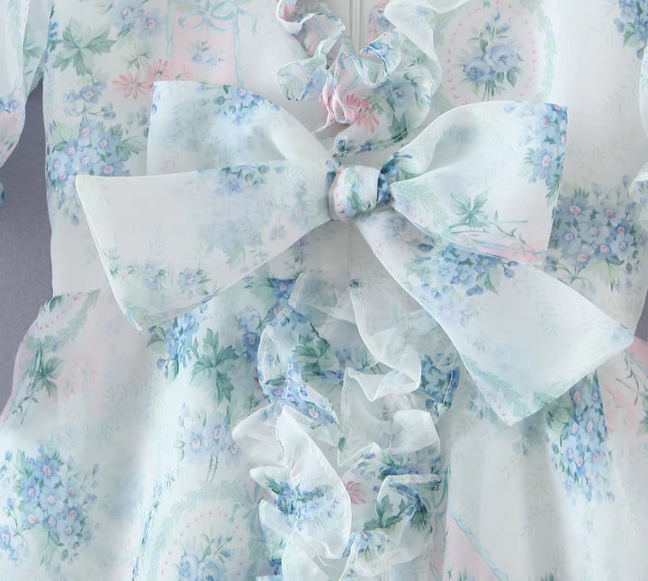 Floral Print Dress Bubble Sleeve Retro Princess Dress Spring Summer Wooden Ear Large Swing Women Dress Sheer