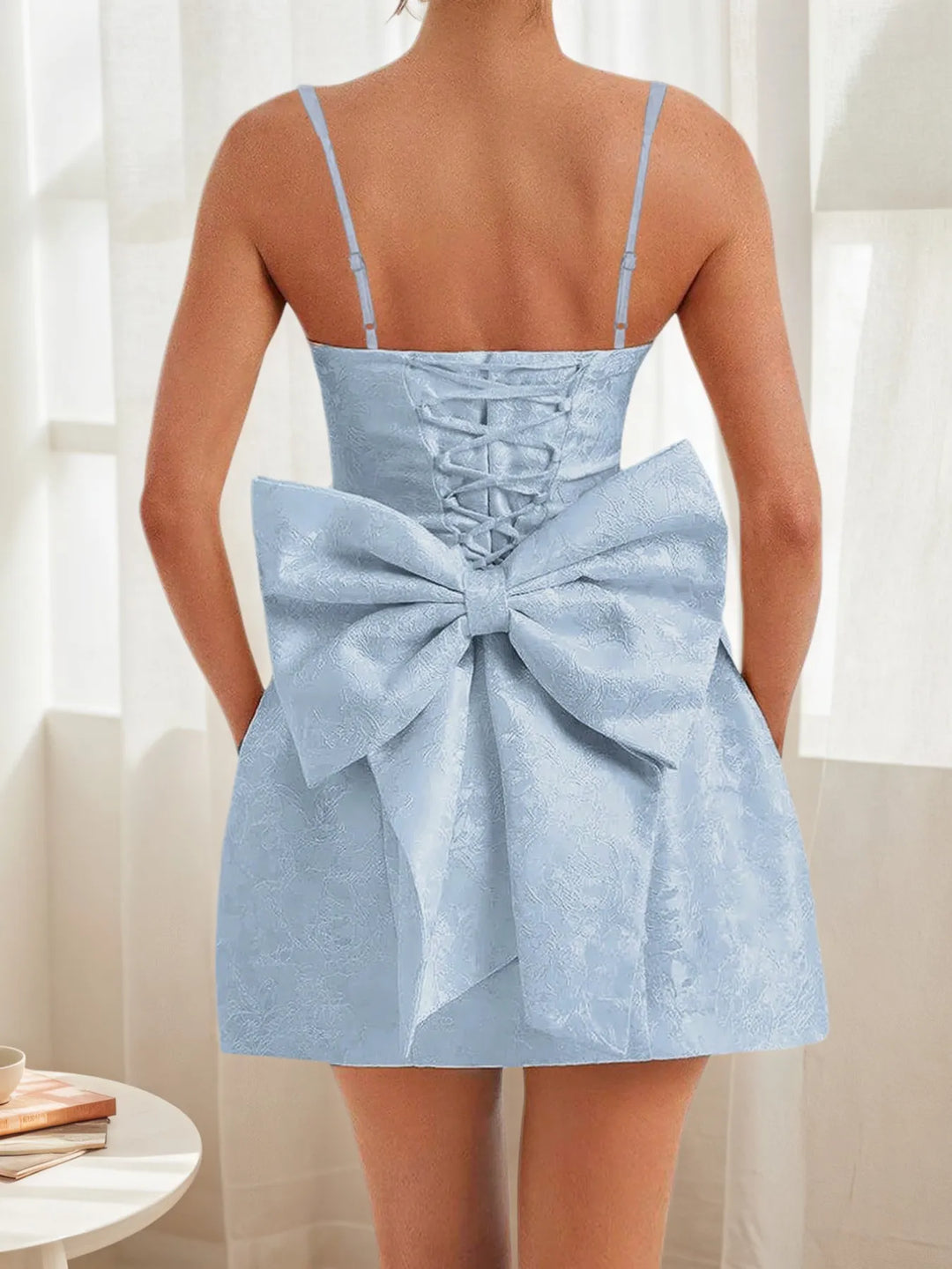 Lace Up Back Mini Dress with Bow Detail