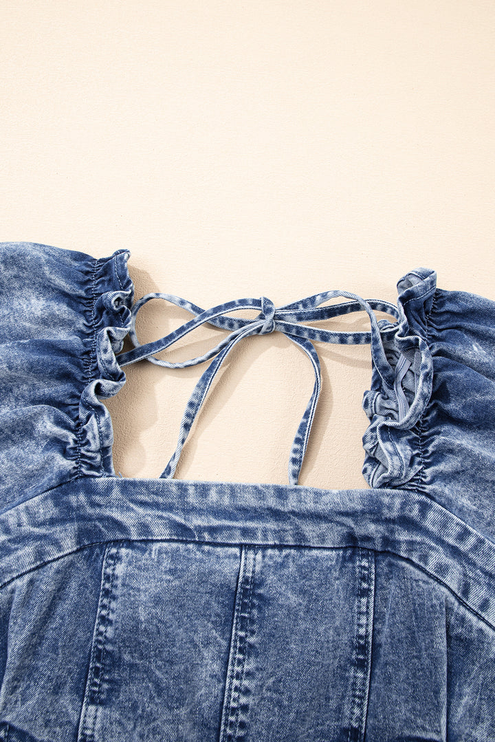 Robe courte en jean bleu à volants, col carré, manches bouffantes et bustier