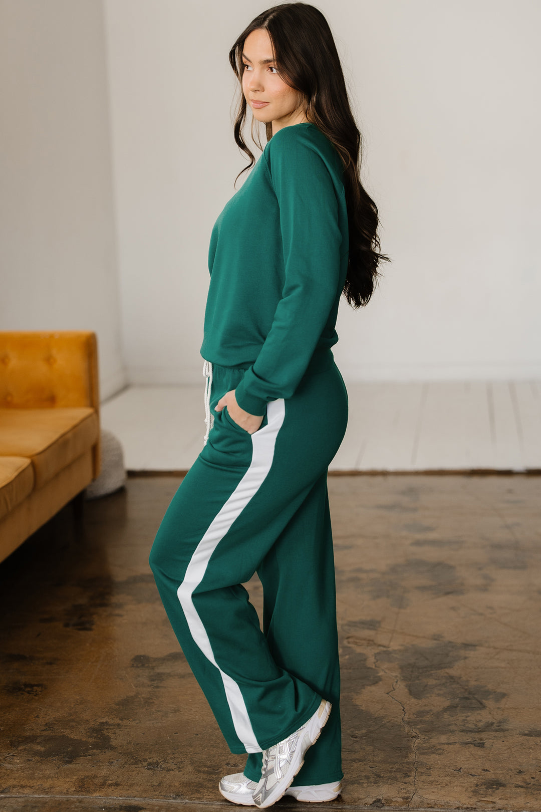 Sea Green Solid Color Pullover Top Varsity Stripe Detail Loose Drawstring Pants Set